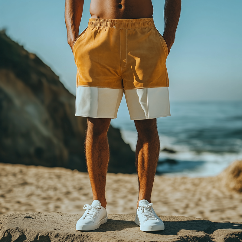 Men's Spring and Summer Fashion Casual Contrast Color Stitching Elastic Waist Suede Shorts MTA0340D7K