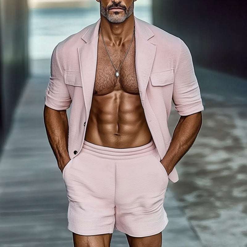 Men's Summer Textured Casual Short Sleeve Shorts Set MTA1081D6U