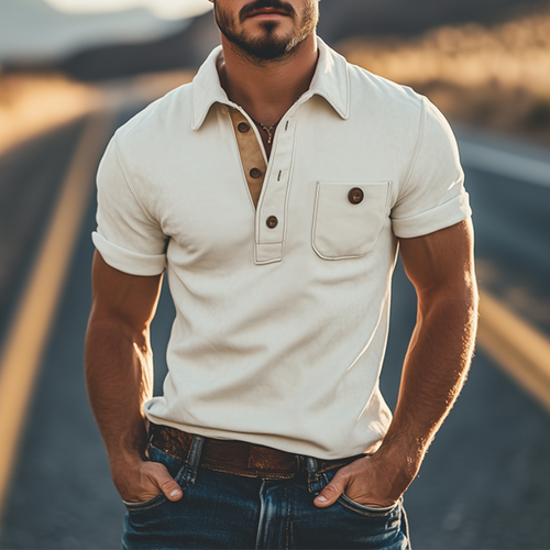 Men's Spring Fashion Casual Slim Suede Splicing Short Sleeve Polo Shirt MTA0215D0K