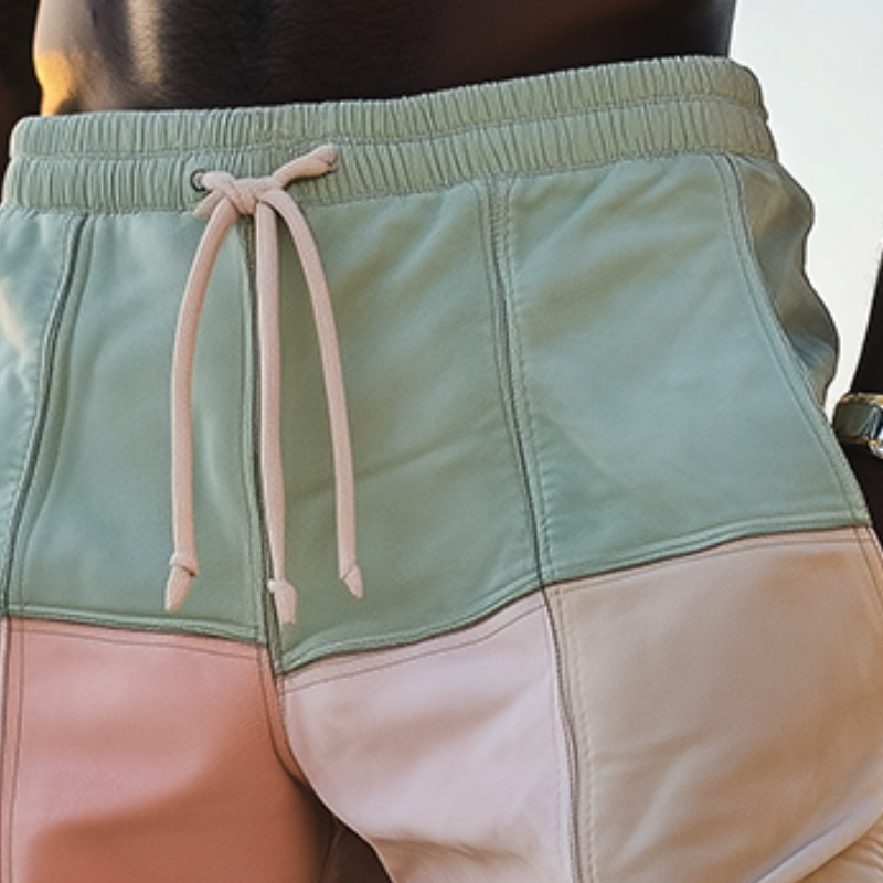 Men's Spring and Summer Fashion Casual Contrast Color Stitching Elastic Waist Suede Beach Shorts MTA0332D7K