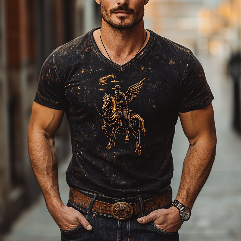 Men's Vintage Western Print V-Neck Short Sleeve T-Shirt