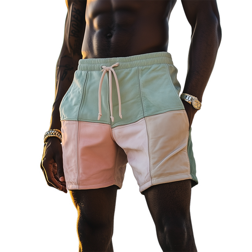 Men's Spring and Summer Fashion Casual Contrast Color Stitching Elastic Waist Suede Beach Shorts MTA0332D7K