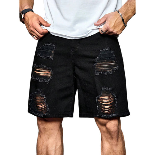 Men's Summer Loose Black Ripped Denim Shorts MTA0177D2U