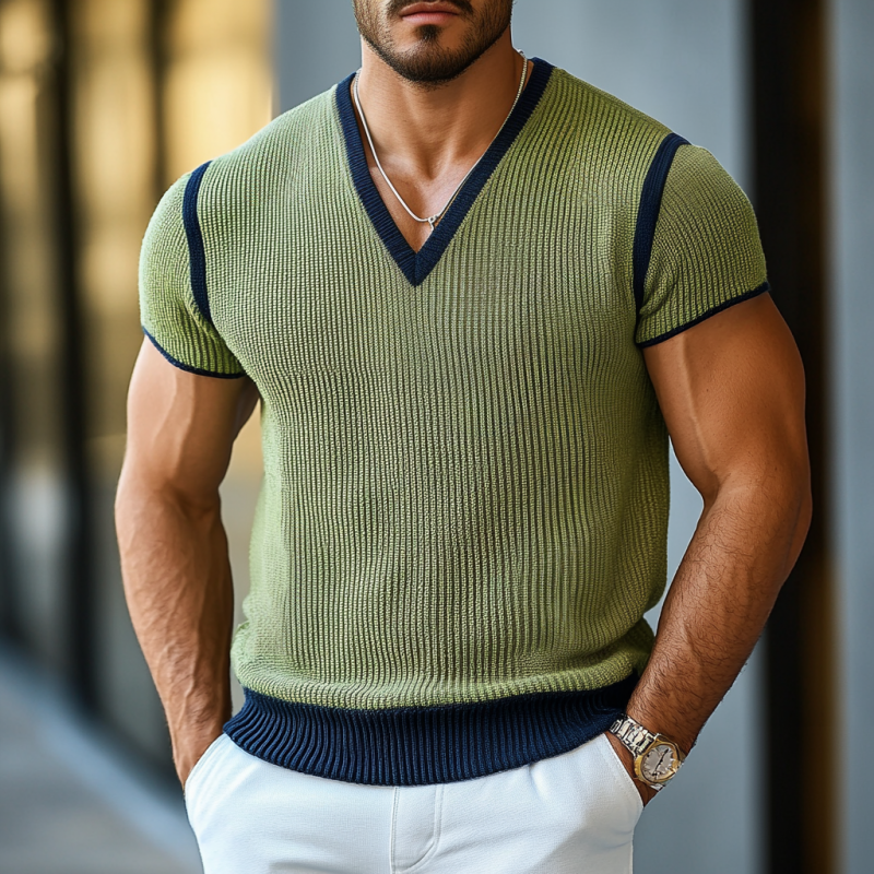 Men's Casual Contrast Color V-Neck Soft Slim Fit Knitted Short Sleeve Sweater T-Shirt MTA1750D4M
