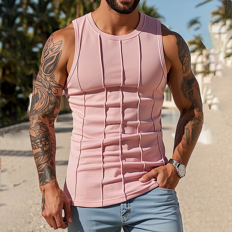 Men's Vintage Casual Cotton Pleated Crew Neck Tank Top MTA2162D6TO