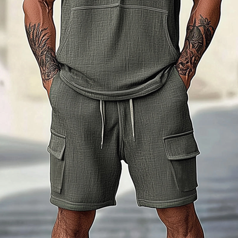 Men's Summer Cotton and Linen Deep V-Neck Short Sleeve Shorts Set MTA1090D5U