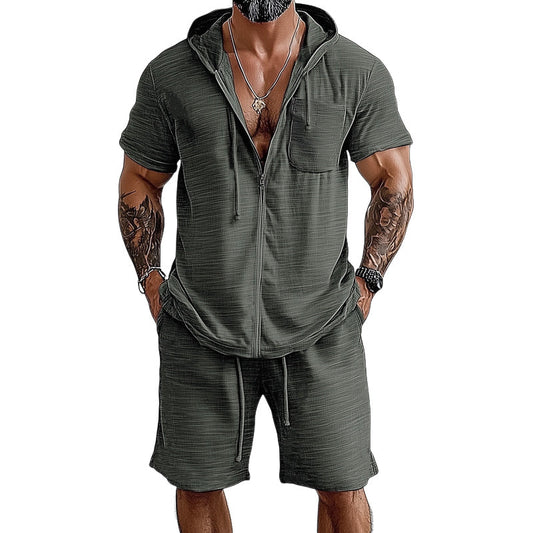 Men's Summer Casual Hooded Short Sleeve Shorts Set MTA1123D0U