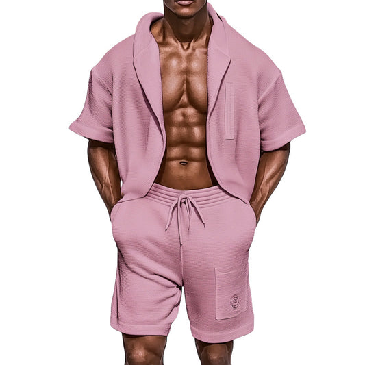 Men's Summer Textured Loose Casual Short Sleeve Shorts Set MTA1081D7U