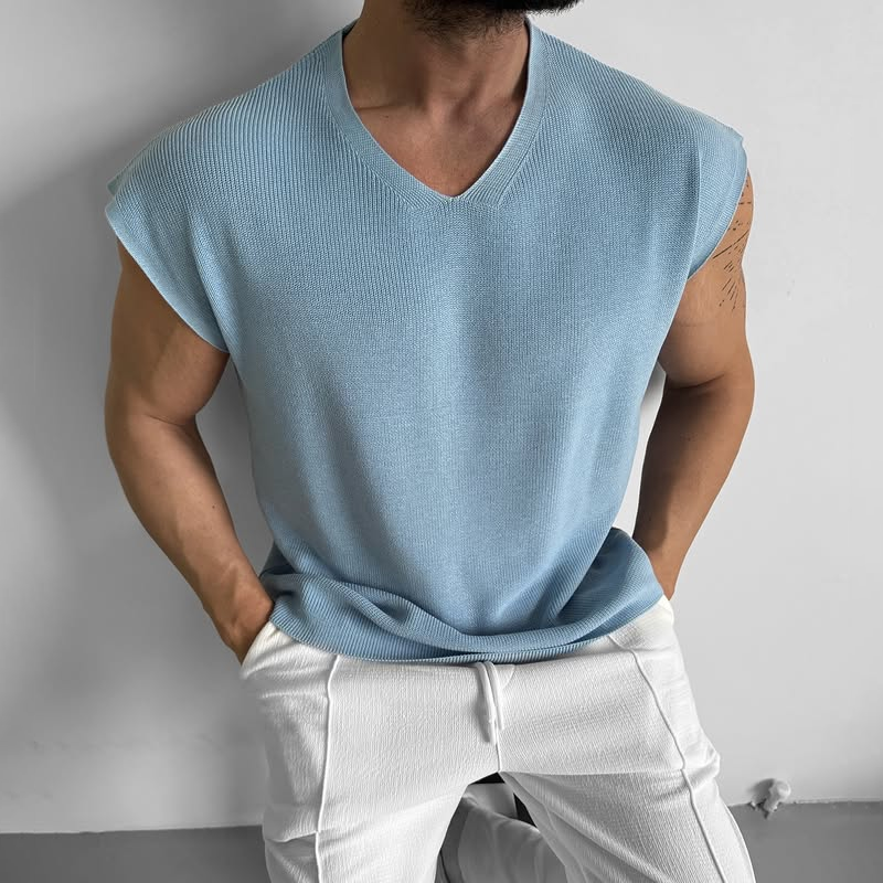 Men's Solid Knit  V Neck Sleeveless Sweater T-shirt MTA1190D2Z