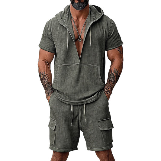 Men's Summer Cotton and Linen Deep V-Neck Short Sleeve Shorts Set MTA1090D5U