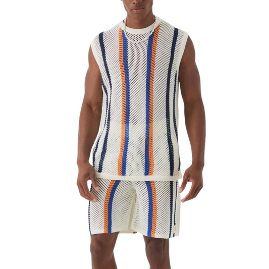 Men's Summer Fashion Casual Hollow Vertical Striped Knitted Tank Top shorts Set MTA1066D3K