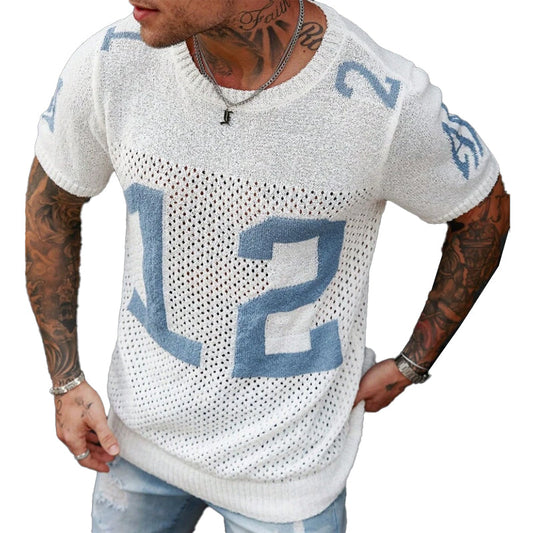 Men's Sport Lettering Jacquard Crew Neck Short Sleeve Sweater T-Shirt  MTA1856C1X