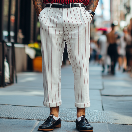 Men's Classic Retro Fashion Striped Cotton and Linen Casual Pants MTA0701D5K