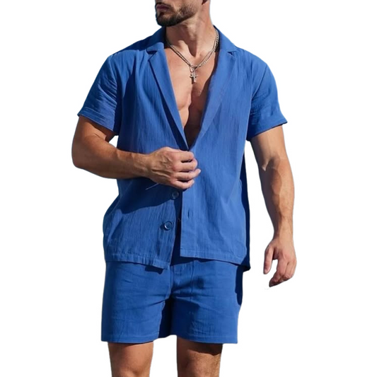 Men's Solid Notch Lapel Short Sleeve Shirt Shorts Casual Set MTA0800D7Z