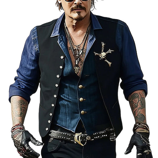 Men's Solid Black Multi-Button Skull Decorated Vest MTA1808D6U