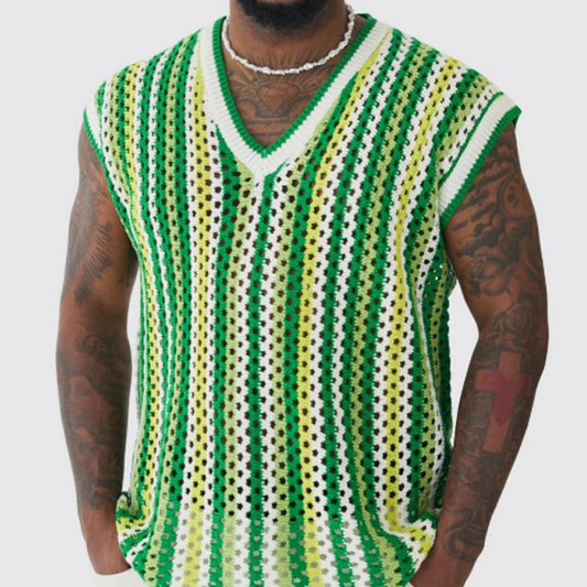 Men's Summer Fashion Leisure Vacation V-neck Hollow Knitted Tank Top MTA1089D9K