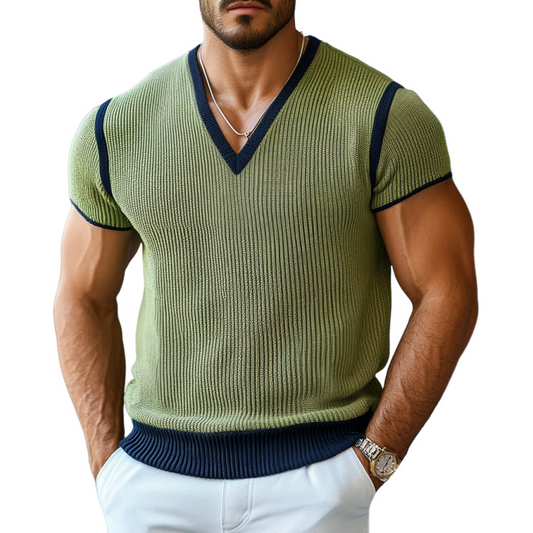 Men's Casual Contrast Color V-Neck Soft Slim Fit Knitted Short Sleeve Sweater T-Shirt MTA1750D4M
