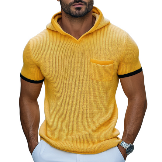 Men's Casual Contrast Color Soft Slim Fit Patch Pocket Knitted Short-Sleeve Hooded Sweater T-Shirt MTA1755D0M
