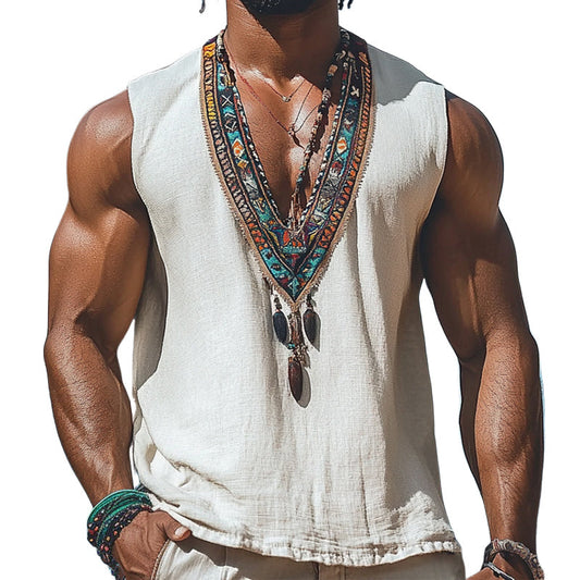 Men's Summer Retro Deep V Neck Cotton and Linen Embroidered Tank Top MTA0938D8U