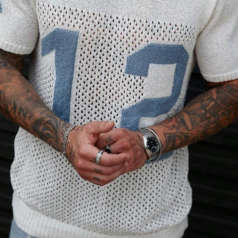Men's Sport Lettering Jacquard Crew Neck Short Sleeve Sweater T-Shirt  MTA1856C1X