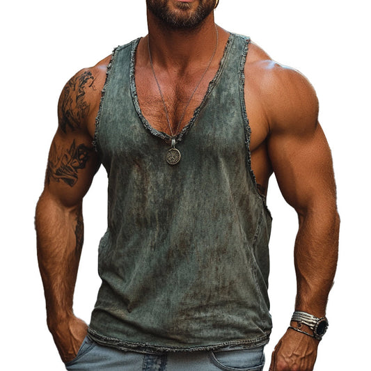 Men's Vintage Distressed Dark Green Casual Tank Top MTA2430C2U
