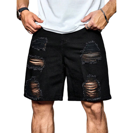 Men's Summer Loose Black Ripped Denim Shorts MTA0177D2U