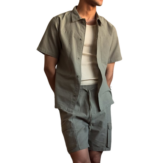 Men's Solid Cotton Multi-pocket Lapel Shirt Elastic Waist Shorts Set MTA2166D8Z