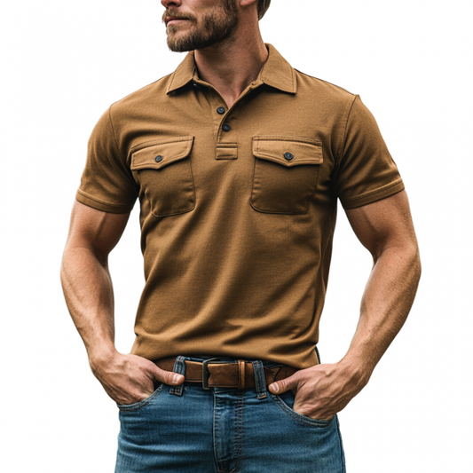 Men's Vintage Weatern Cowboy Soft  Cotton Lapel Chest Pocket Short Sleeve Polo Shirt MTA2762D2M