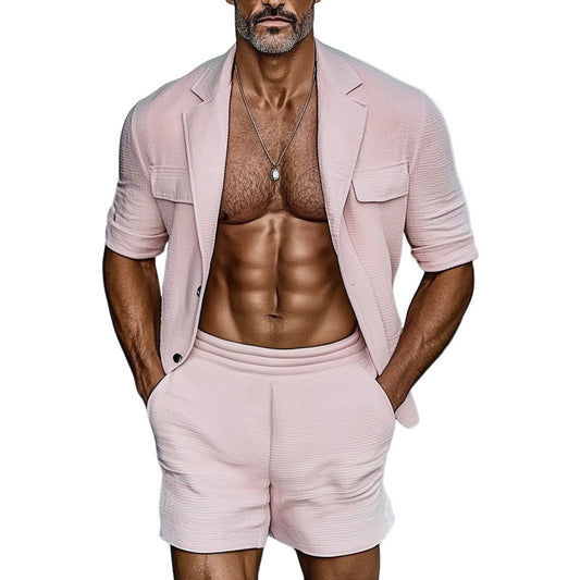 Men's Summer Textured Casual Short Sleeve Shorts Set MTA1081D6U