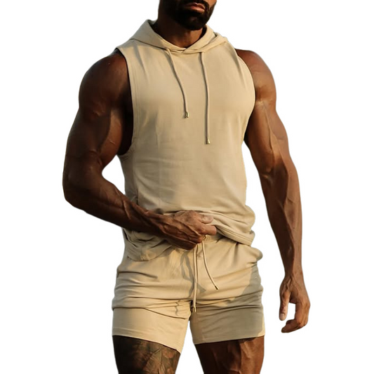 Men's Solid Hooded Sleeveless Tank Top Shorts Casual Sports Set MTA1454D4Z
