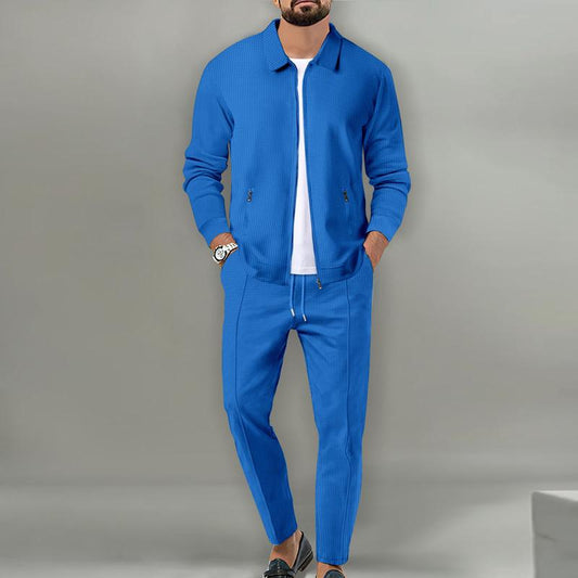Men'S Solid Color Waffle Lapel Jacket And Pants Set 29554016Y