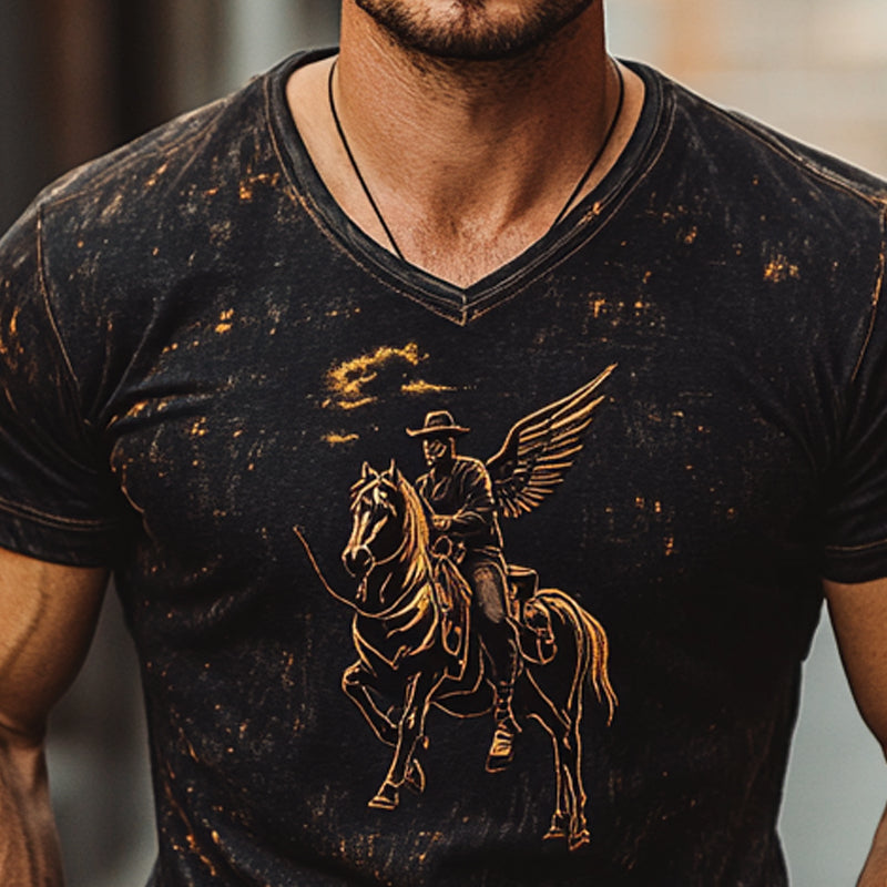 Men's Vintage Western Print V-Neck Short Sleeve T-Shirt