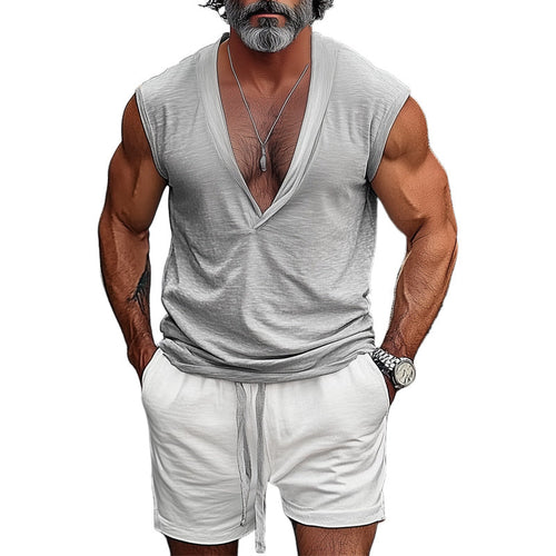 Men's Summer Comfortable Casual V-Neck Tank Top And Shorts Set MTA1025D1U