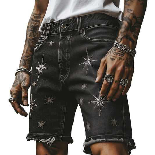 Men's Summer Retro Print Raw Edge Casual Denim Shorts MTA2336D4P